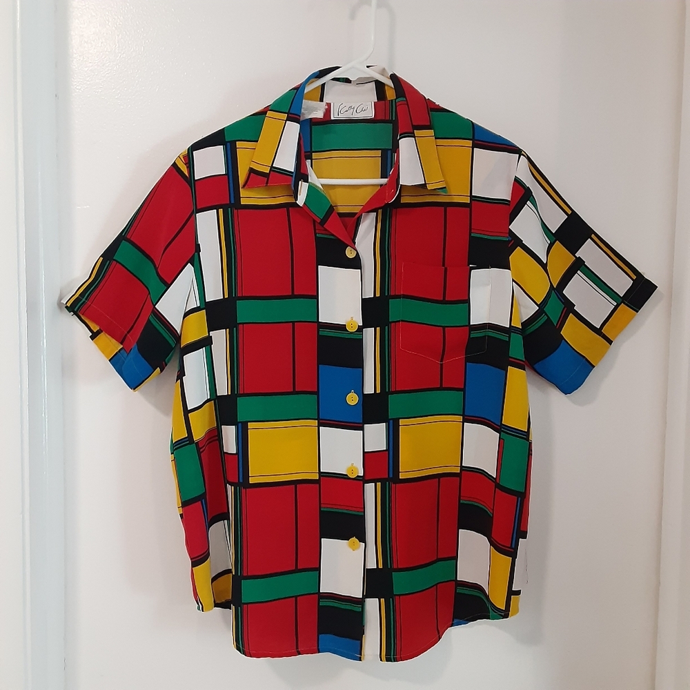 Kathy Che Vintage Colorblock 80s Button Down Shirt Red Yellow MulticolorColorful